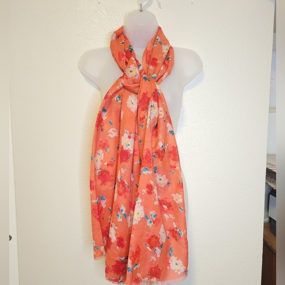 J. Crew Accessories - J Crew 100% Wool Scarf Watercolor Flowers Orange Coral Pink White 28" x 80"